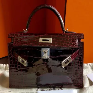 Hermès Kelly 20 Bordeaux Sellier Alligator Mississippi Lisse Palladium Hardware PHW