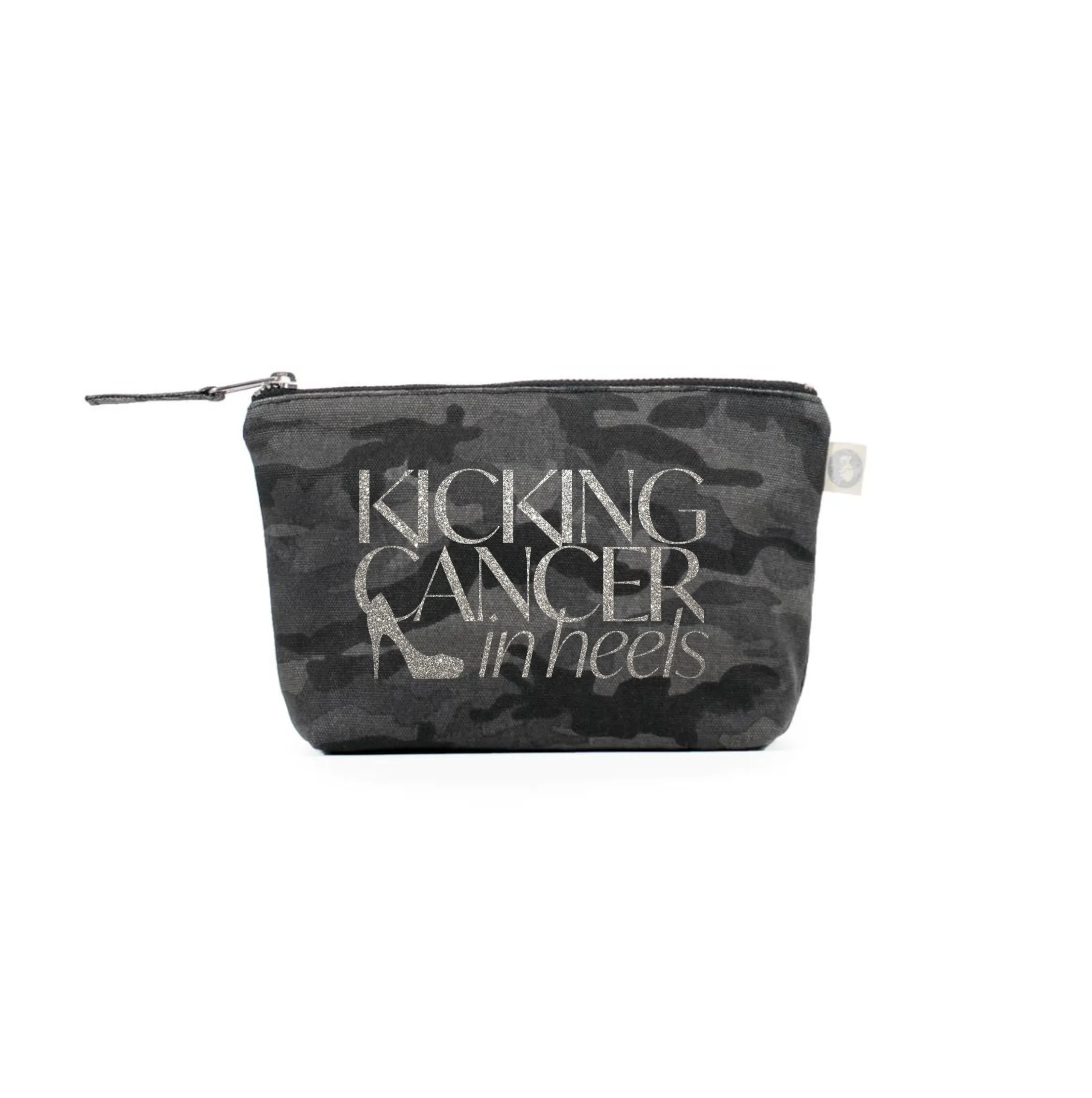 Kicking Cancer in Heels Makeup Bag- Silver Glitter on Black Camo