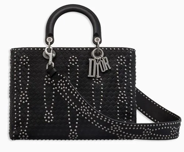 Large Lady Dior Bag in Black Studded Calfskin Leather