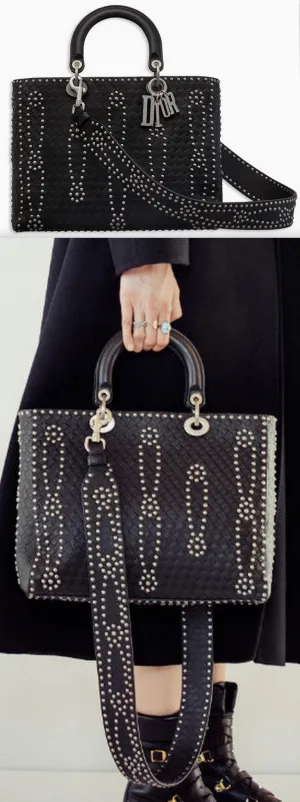 Large Lady Dior Bag in Black Studded Calfskin Leather