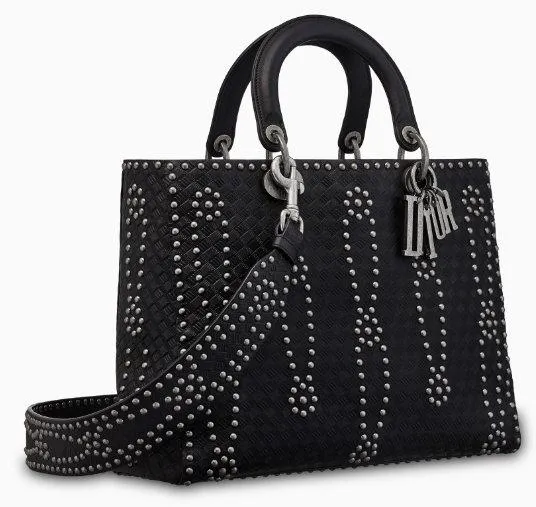 Large Lady Dior Bag in Black Studded Calfskin Leather