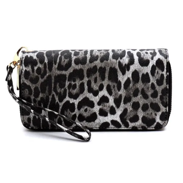 Leopard Double Zip Around Wallet Wristlet available in 3 colors