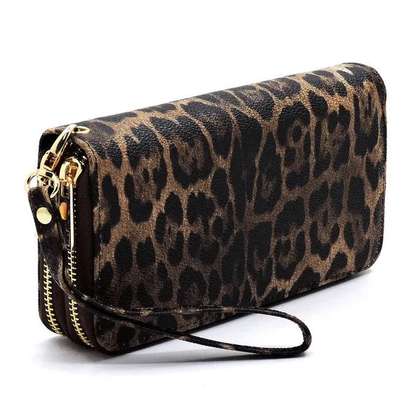 Leopard Double Zip Around Wallet Wristlet available in 3 colors