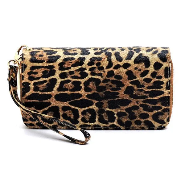 Leopard Double Zip Around Wallet Wristlet available in 3 colors