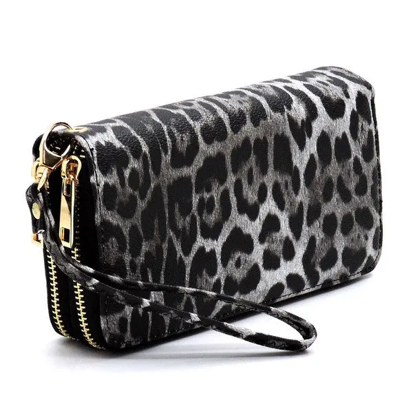 Leopard Double Zip Around Wallet Wristlet available in 3 colors