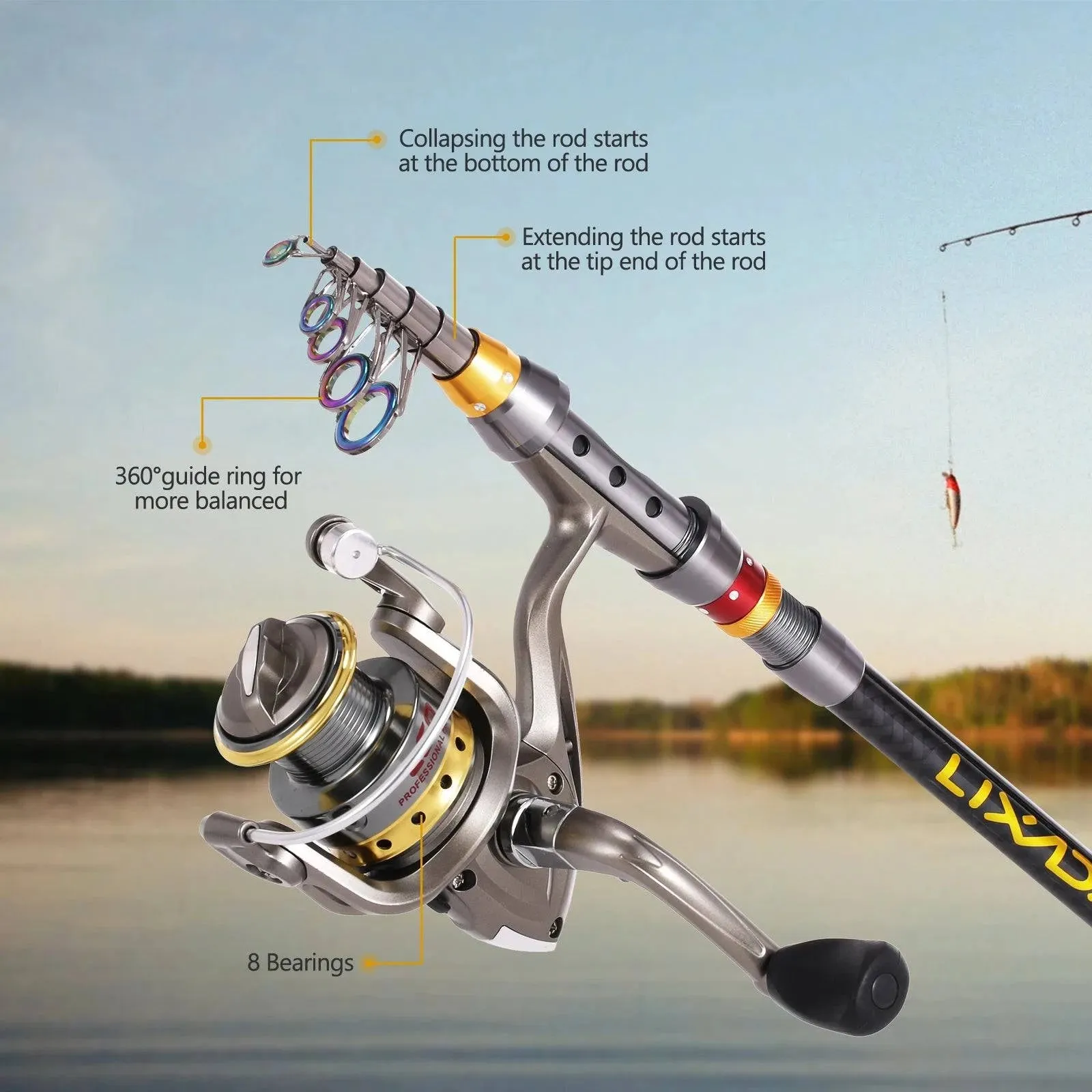 Lixada Carbon Fiber Telescopic Fishing Rod and Spinning Fishing Reel Combo Full Kit Fishing Tackle Carrier Bag Fishing Gear Set