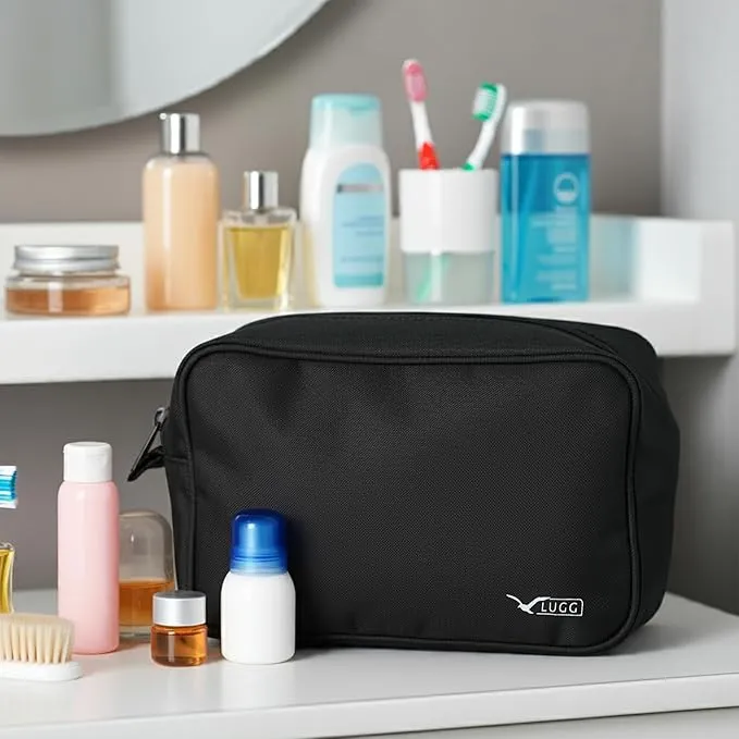 LUGG Lightweight Toiletry Bag – Spacious Travel Toiletry Organiser, Durable and Portable Polyester Cosmetic Bag for Travel (Black) - 25 x 16 x 11cm