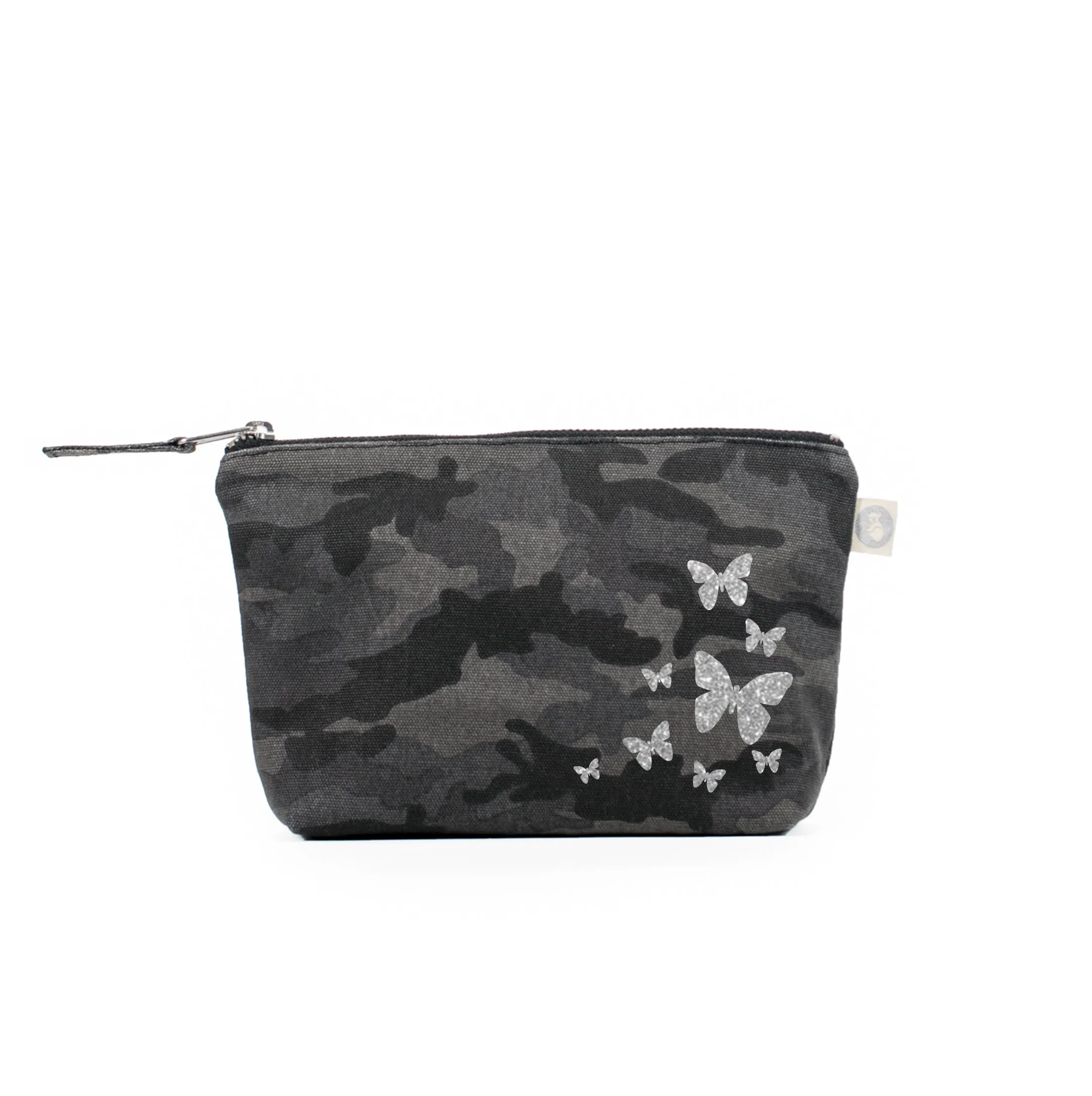 Makeup Bag Black Camo with Silver Glitter Scatter Butterflies