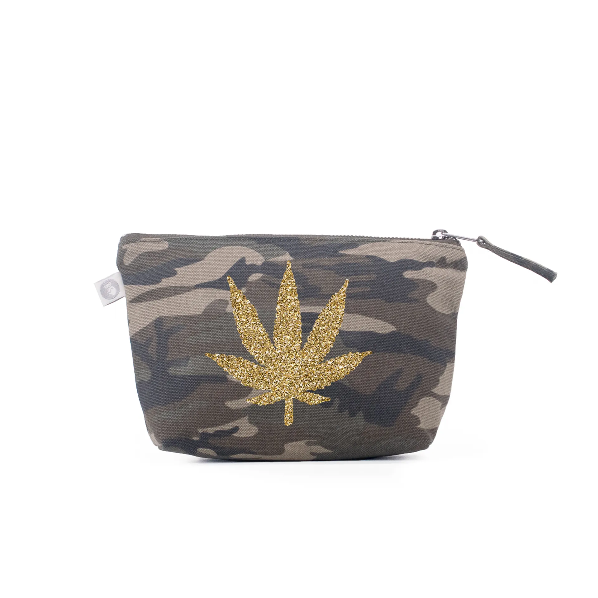 Makeup Bag: Green Camo with Gold Glitter Pot Leaf