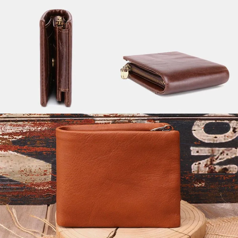 Men Genuine Leather Vinatge RFID Blocking Anti-Theft Wallet Card Holder Zipper Coin Bag