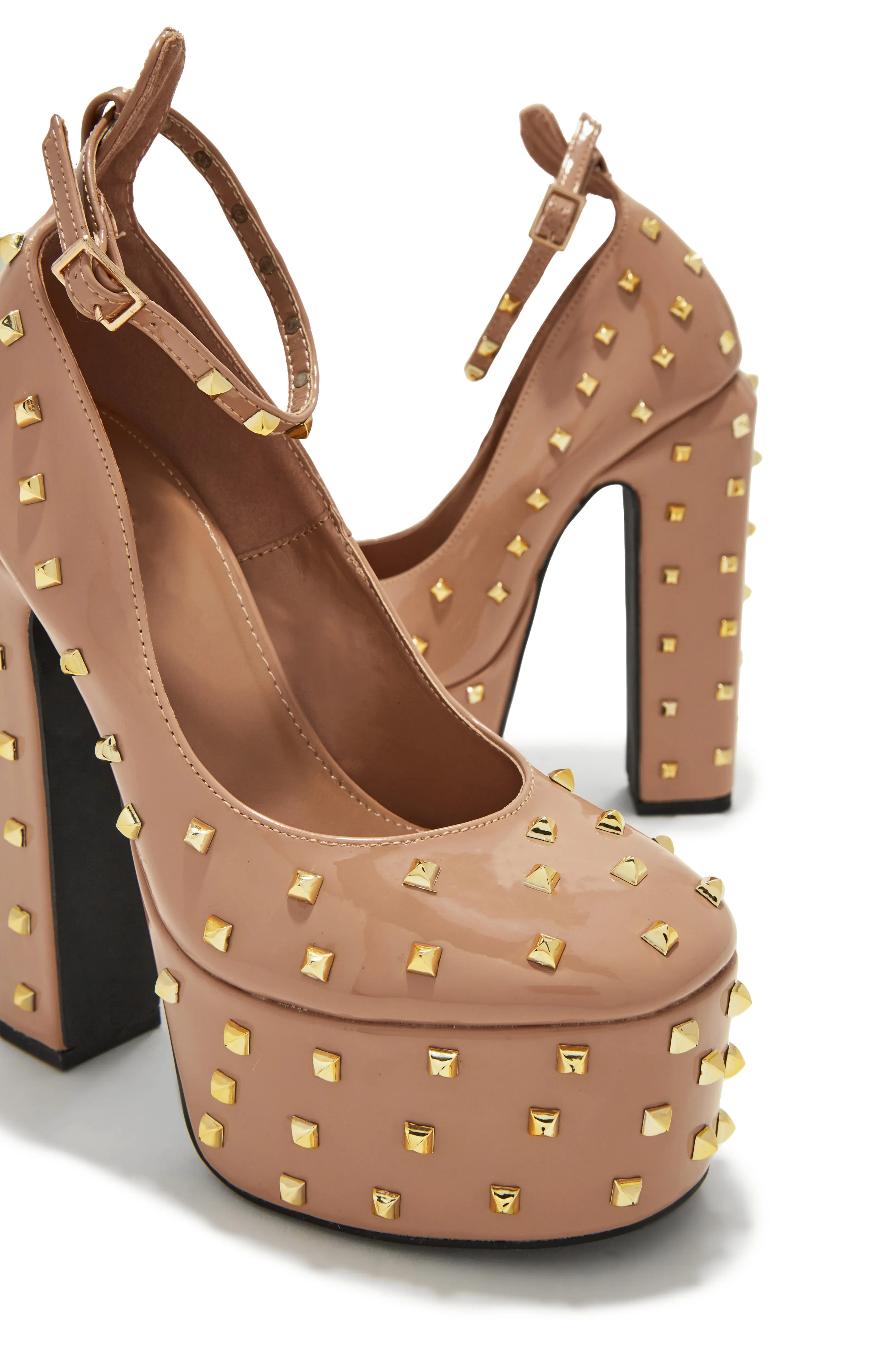 Nayomi Studded Platform Block High Heels - Nude