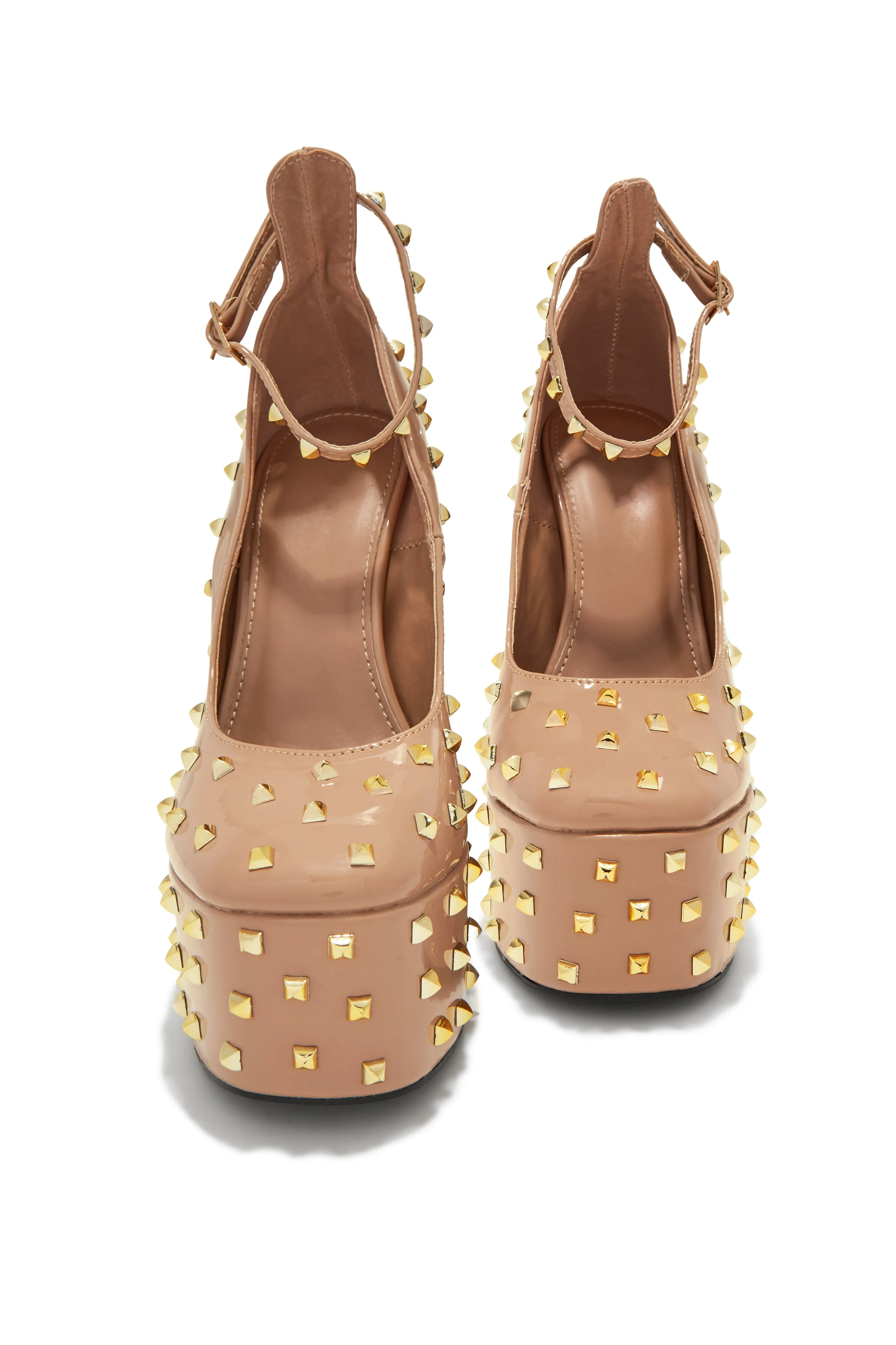 Nayomi Studded Platform Block High Heels - Nude