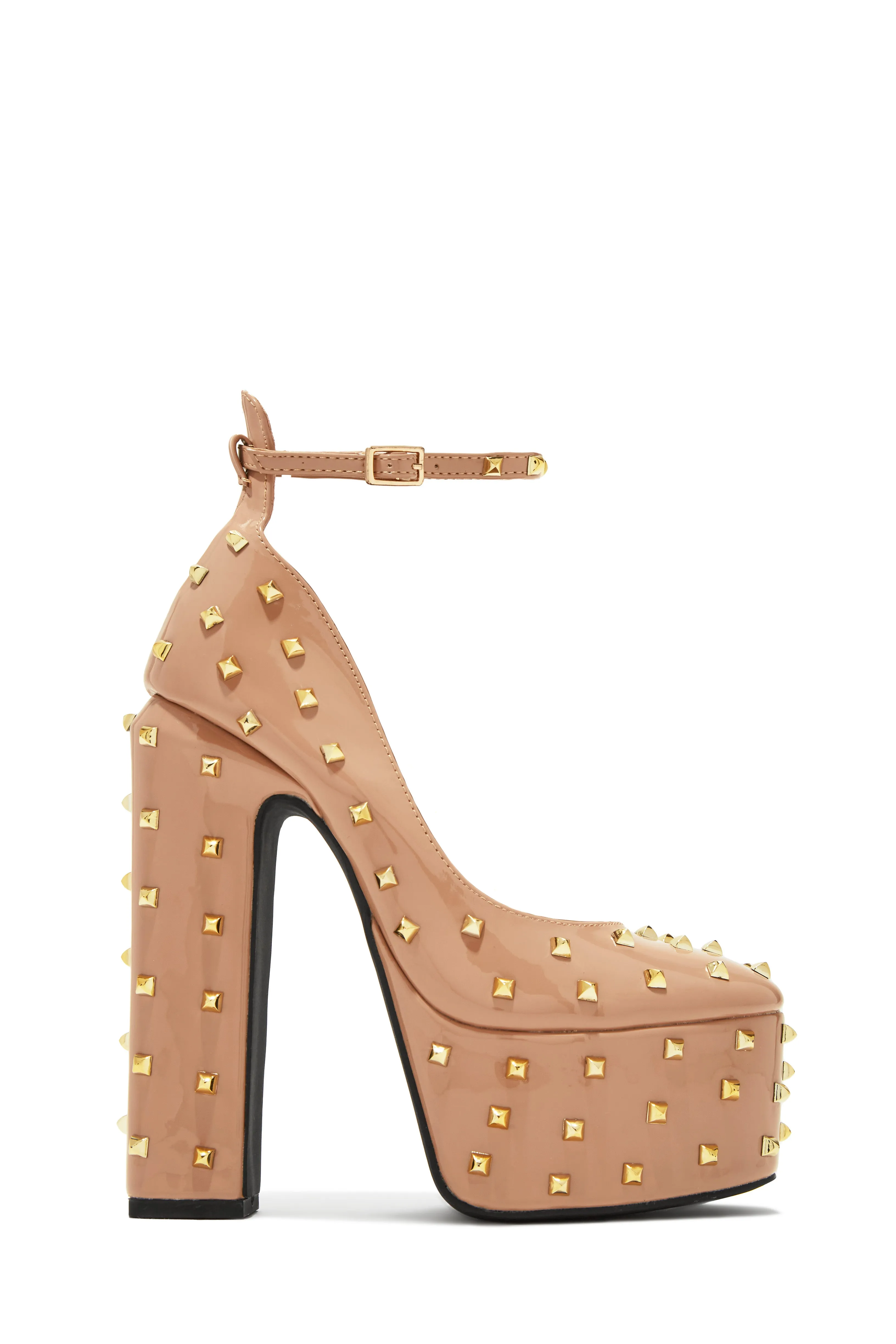 Nayomi Studded Platform Block High Heels - Nude