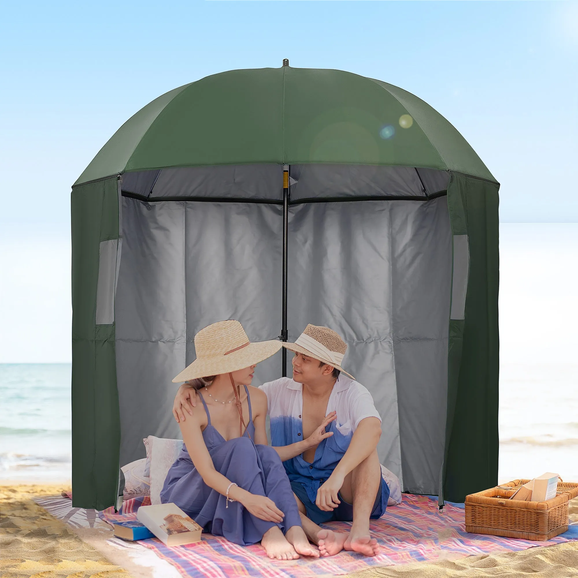 Outsunny 2M Beach Parasol Fishing Umbrella Brolly With Sides And Push Button Tilt Sun Shade Shelter With Carry Bag