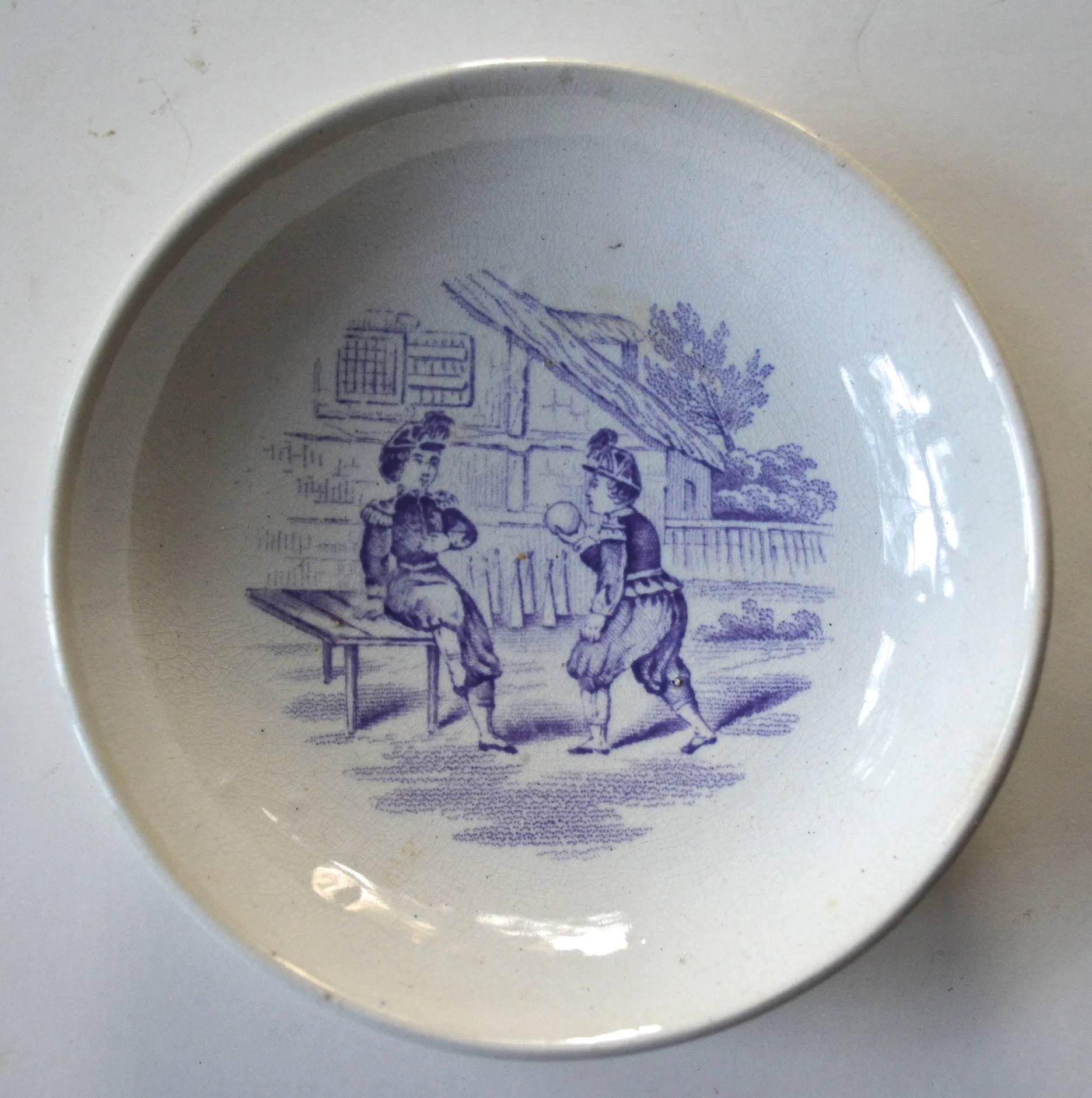 Pair Antique Early Staffordshire Lavender Transfer Printed Pearlware Childrens Toy Plates Juvenile Sports / Childrens Games Godwin / Minton