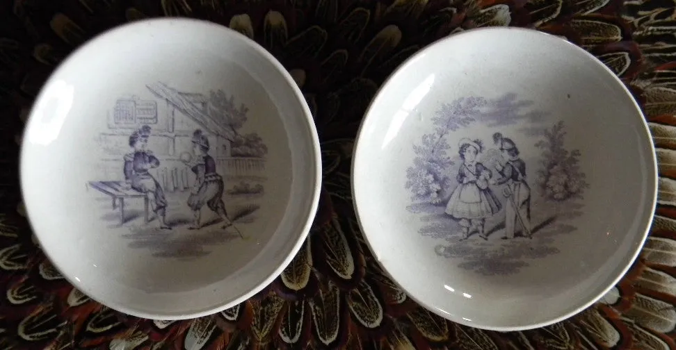 Pair Antique Early Staffordshire Lavender Transfer Printed Pearlware Childrens Toy Plates Juvenile Sports / Childrens Games Godwin / Minton