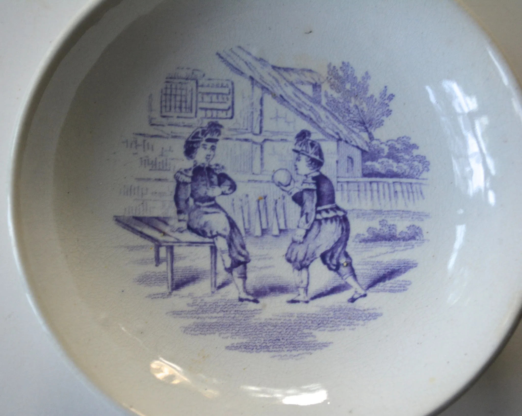 Pair Antique Early Staffordshire Lavender Transfer Printed Pearlware Childrens Toy Plates Juvenile Sports / Childrens Games Godwin / Minton