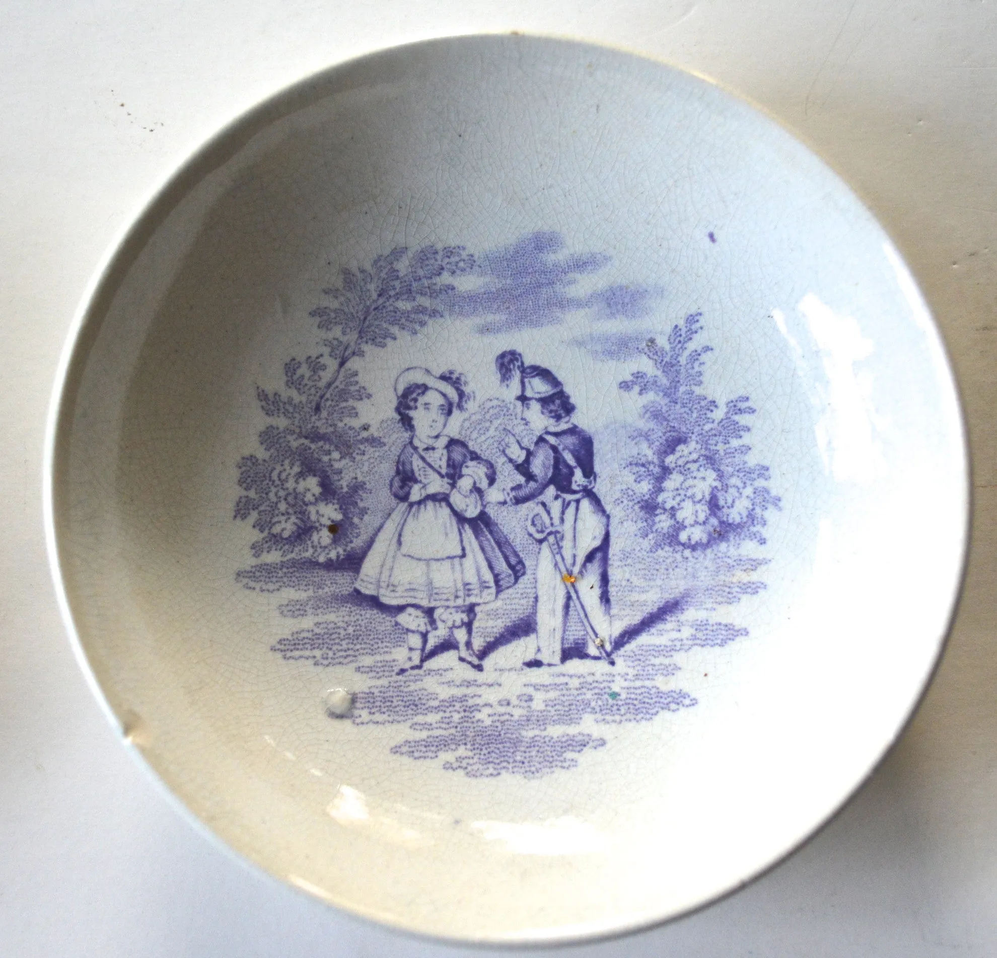 Pair Antique Early Staffordshire Lavender Transfer Printed Pearlware Childrens Toy Plates Juvenile Sports / Childrens Games Godwin / Minton