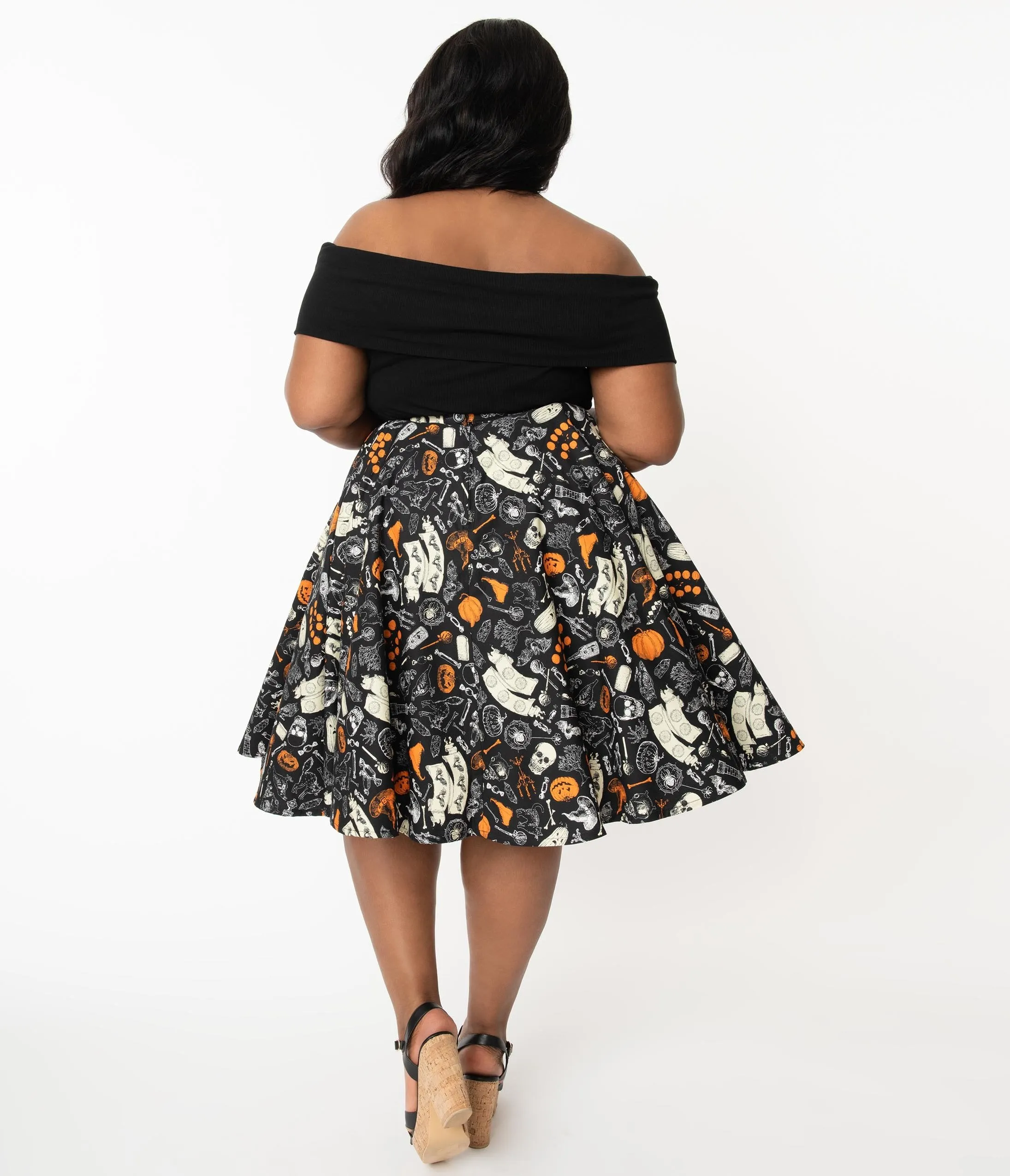 Plus Size Retro Black Halloween Print High Waist Swing Skirt