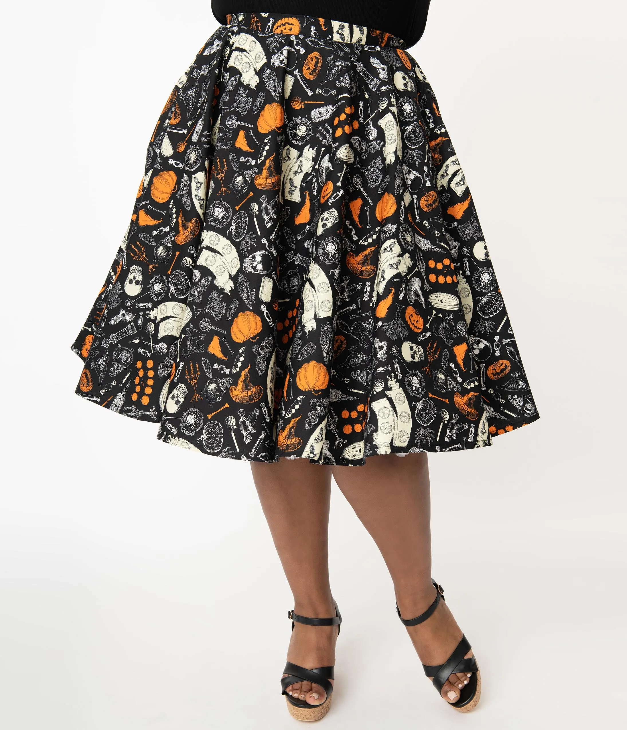 Plus Size Retro Black Halloween Print High Waist Swing Skirt