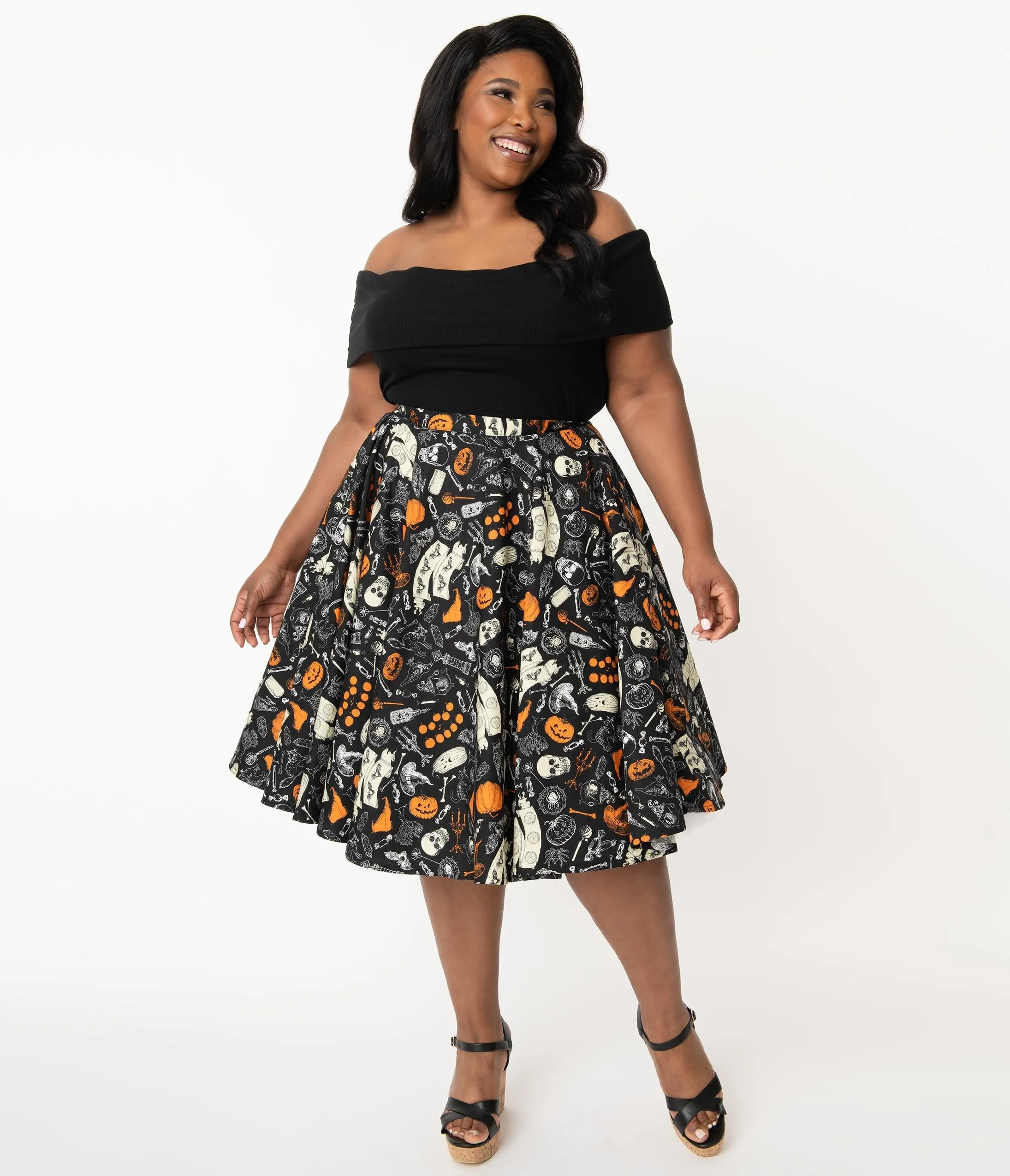 Plus Size Retro Black Halloween Print High Waist Swing Skirt