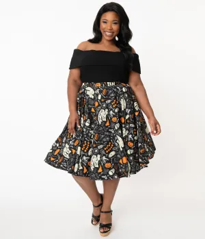 Plus Size Retro Black Halloween Print High Waist Swing Skirt