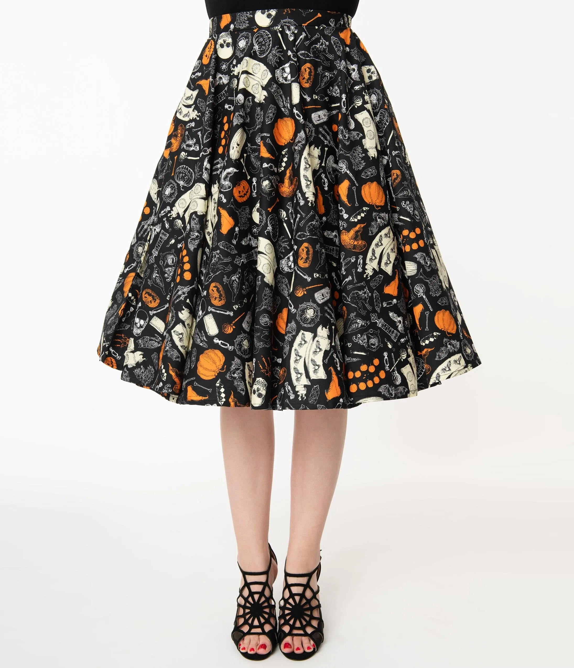 Retro Black Halloween Print High Waist Swing Skirt