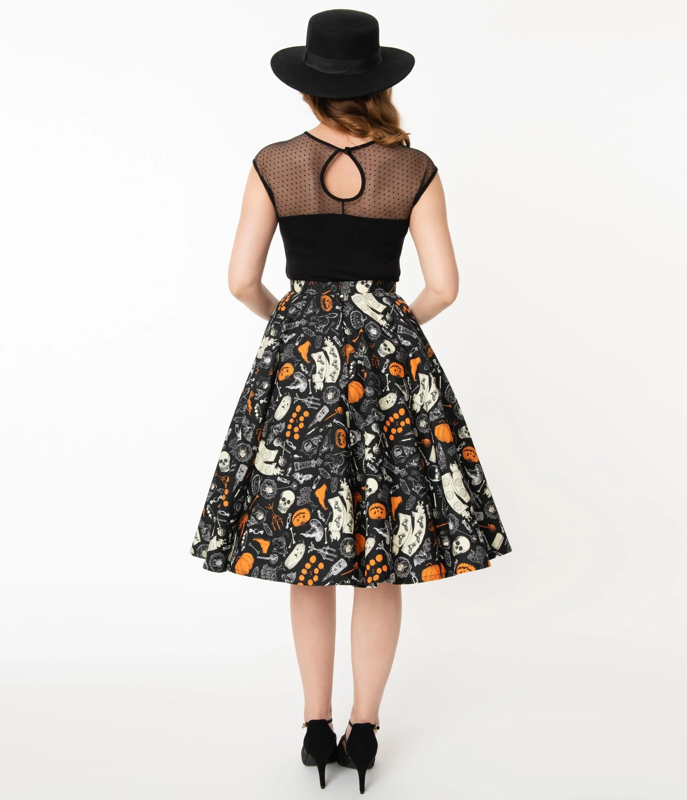 Retro Black Halloween Print High Waist Swing Skirt