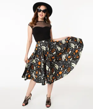 Retro Black Halloween Print High Waist Swing Skirt