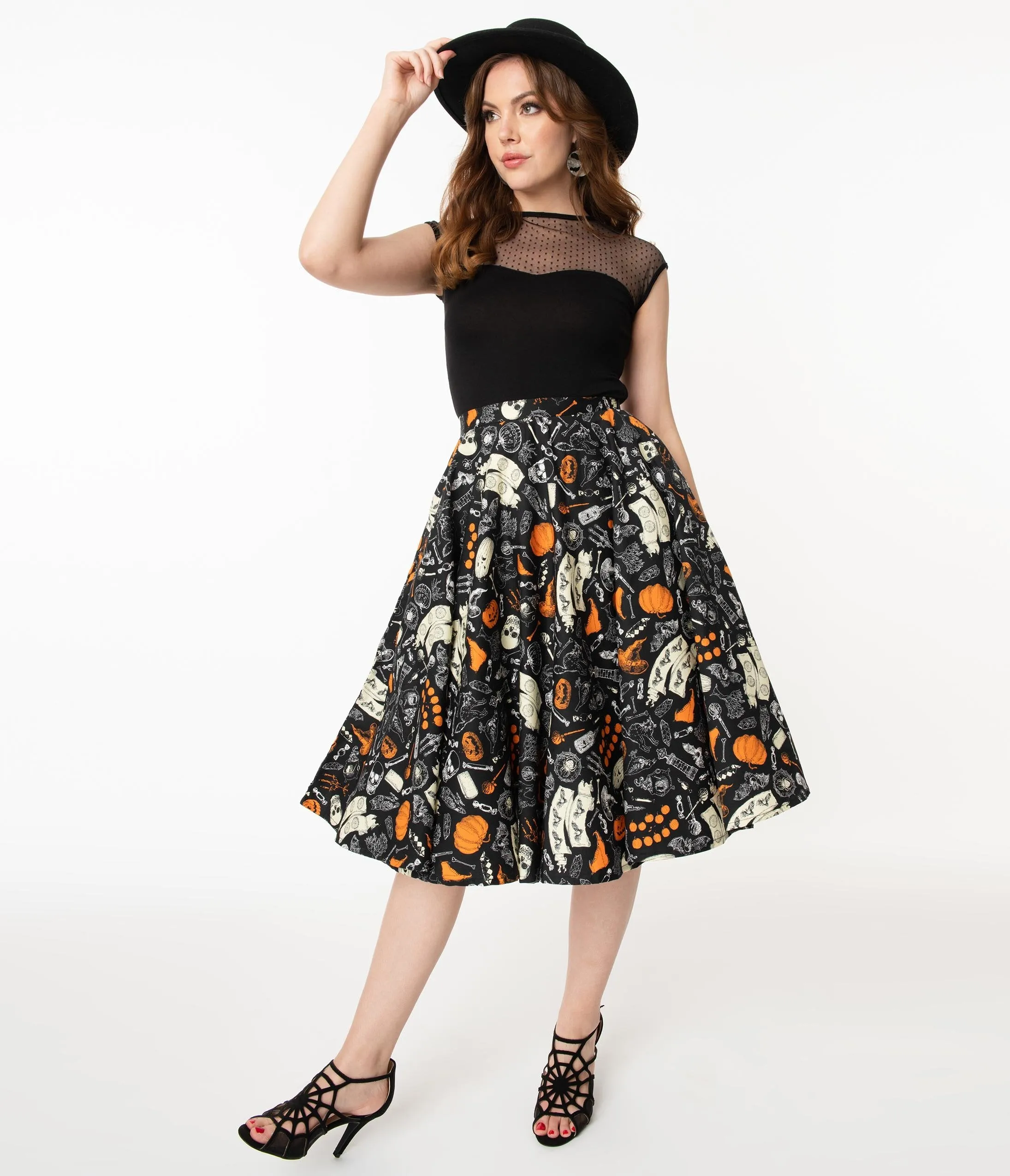 Retro Black Halloween Print High Waist Swing Skirt