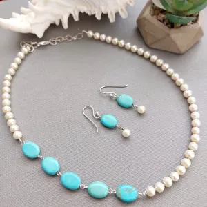 Serene Shell Pearl and Blue Beaded Necklace & Earring Set