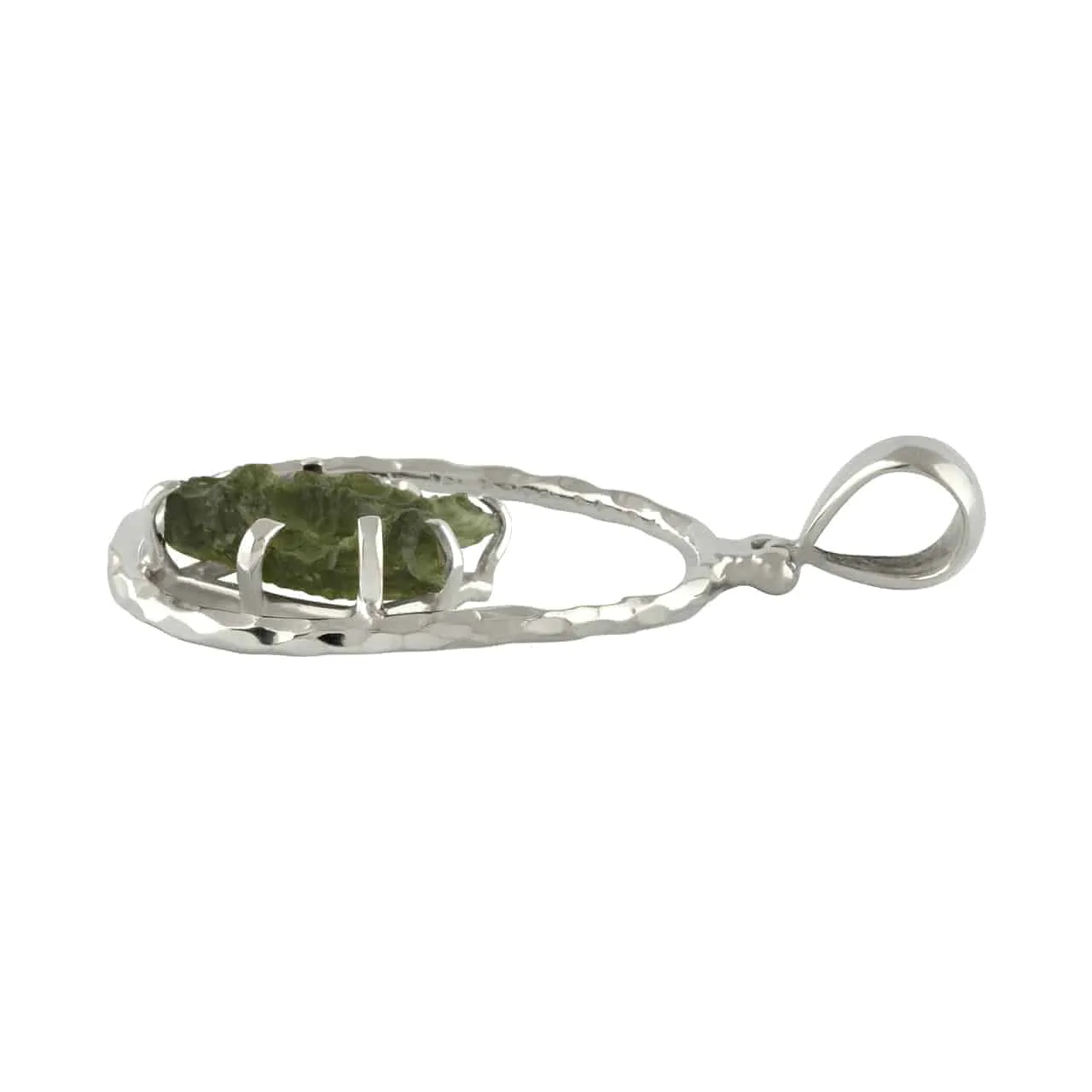 Starborn Raw Moldavite 925 Sterling Silver Hammered Hoop Pendant