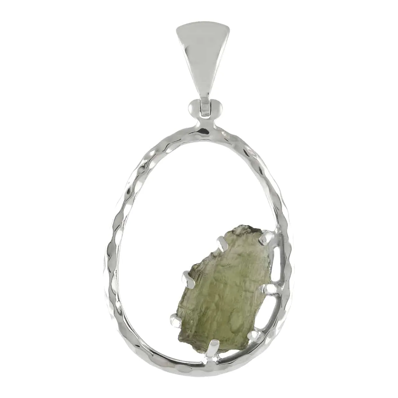 Starborn Raw Moldavite 925 Sterling Silver Hammered Hoop Pendant