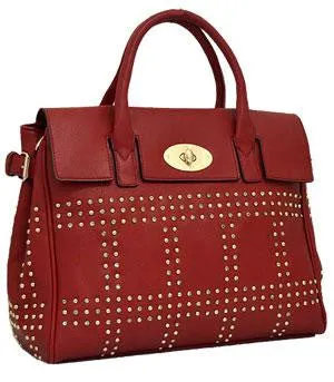 Studded Fashion Tote Bag w/Rhinestone - Red