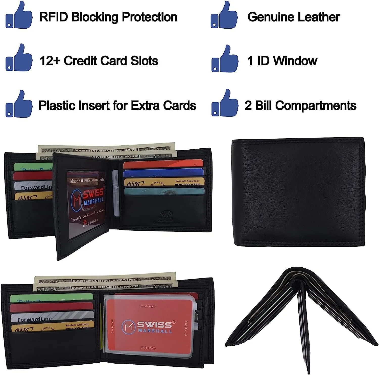 Swiss Marshall Men's RFID Blocking Premium Leather Bifold Multi-Card Compact Center Flip Wallet