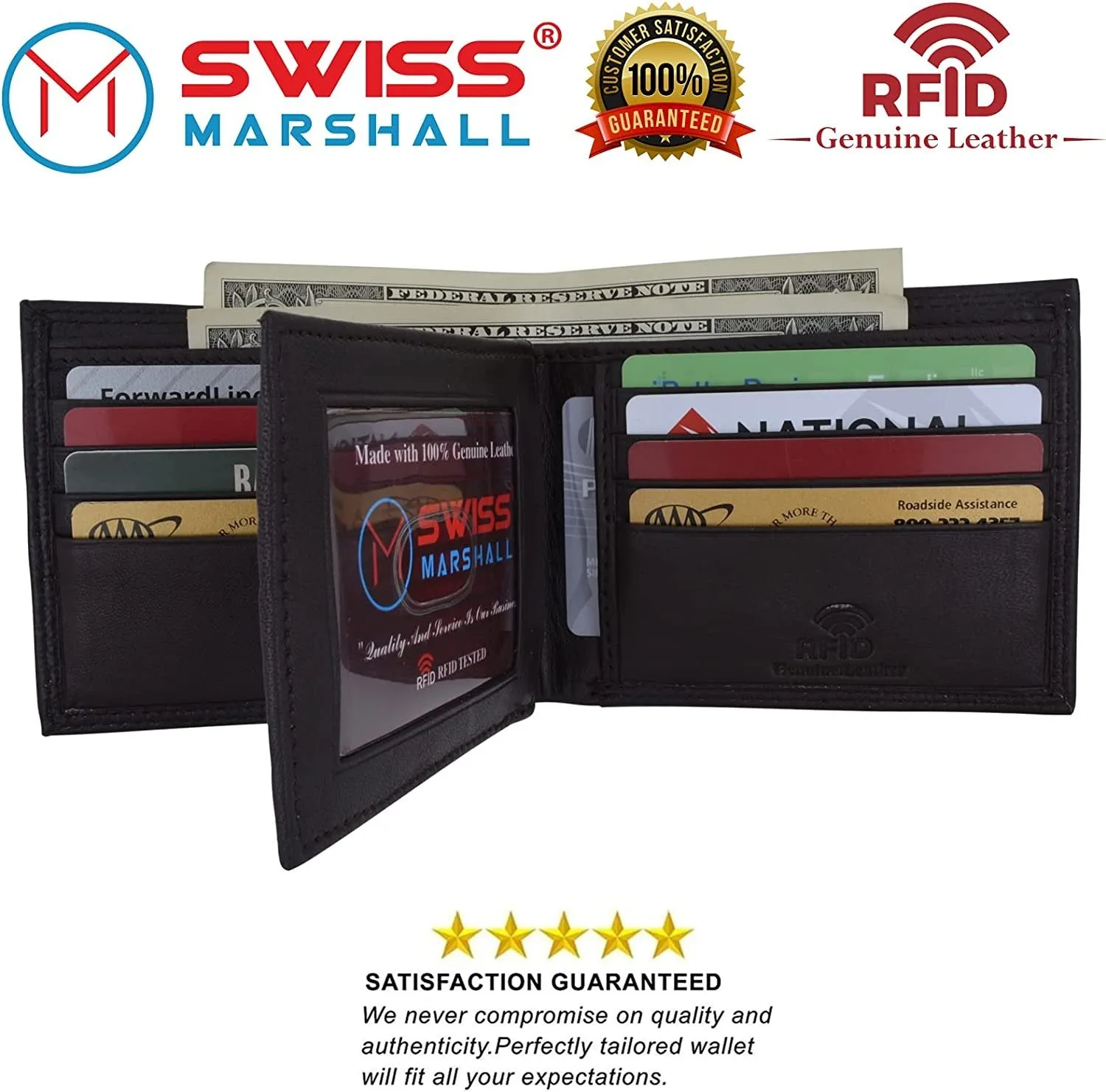 Swiss Marshall Men's RFID Blocking Premium Leather Bifold Multi-Card Compact Center Flip Wallet