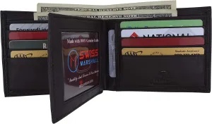 Swiss Marshall Men's RFID Blocking Premium Leather Bifold Multi-Card Compact Center Flip Wallet