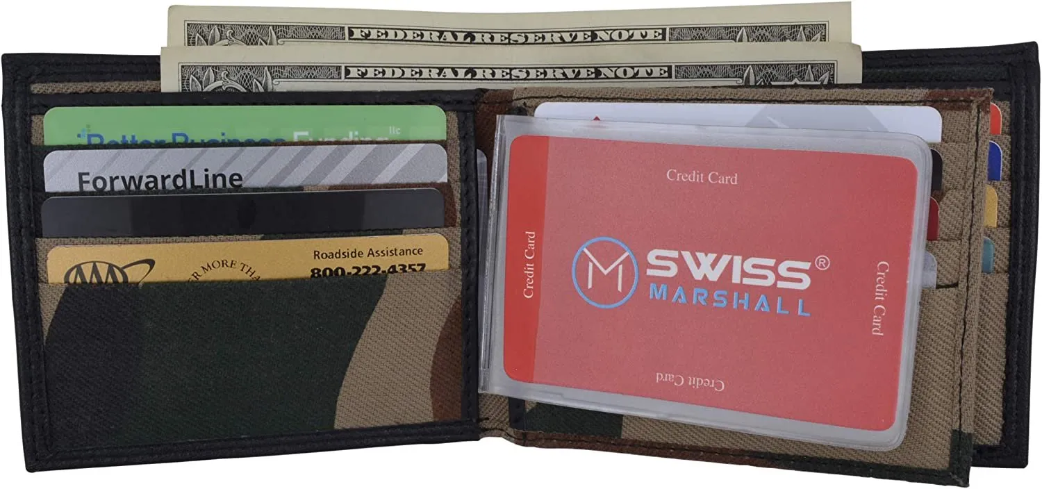 Swiss Marshall Men's RFID Blocking Premium Leather Bifold Multi-Card Compact Center Flip Wallet