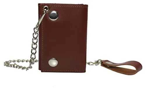 Trifold biker's genuine leather wallet id card holder with chain