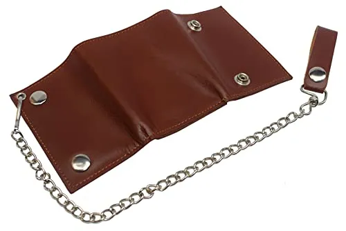 Trifold biker's genuine leather wallet id card holder with chain