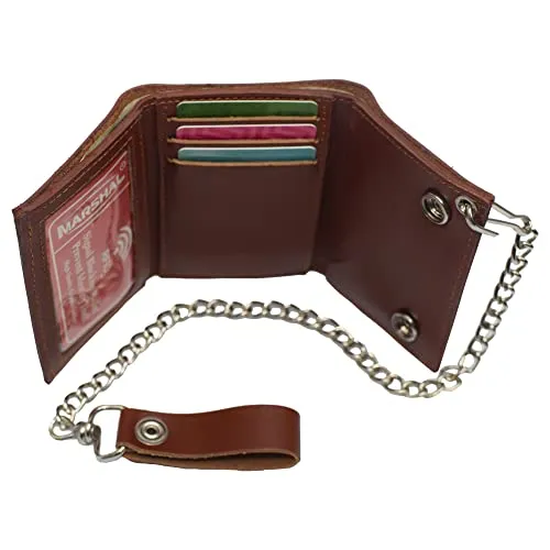 Trifold biker's genuine leather wallet id card holder with chain