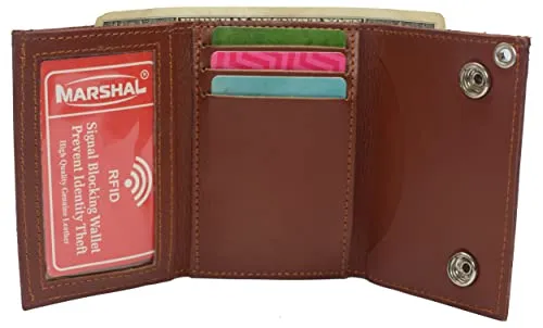 Trifold biker's genuine leather wallet id card holder with chain