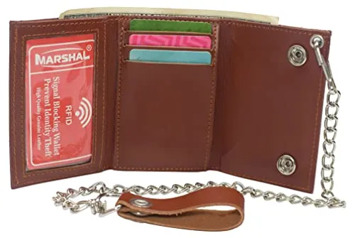 Trifold biker's genuine leather wallet id card holder with chain