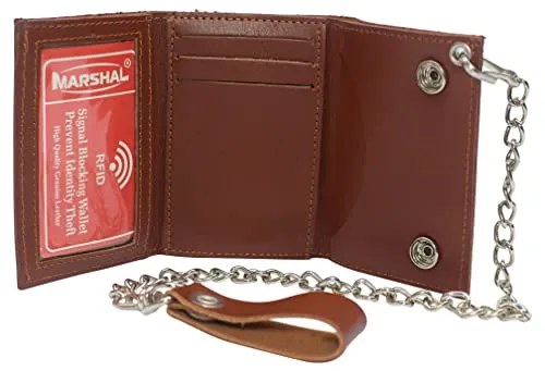 Trifold biker's genuine leather wallet id card holder with chain