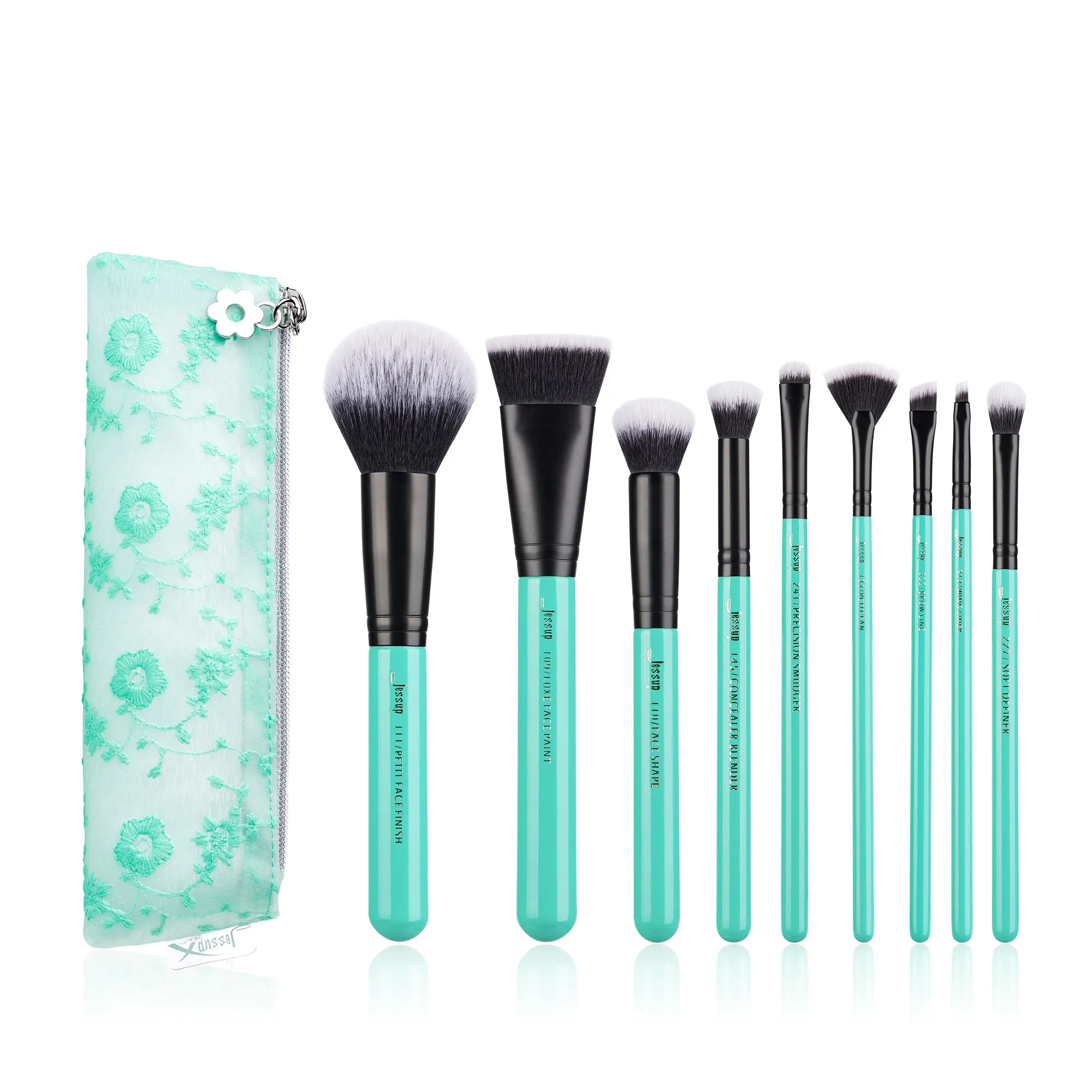 Turquoise 9PCS Essential Makeup Brush Kit with Storage Bag T321