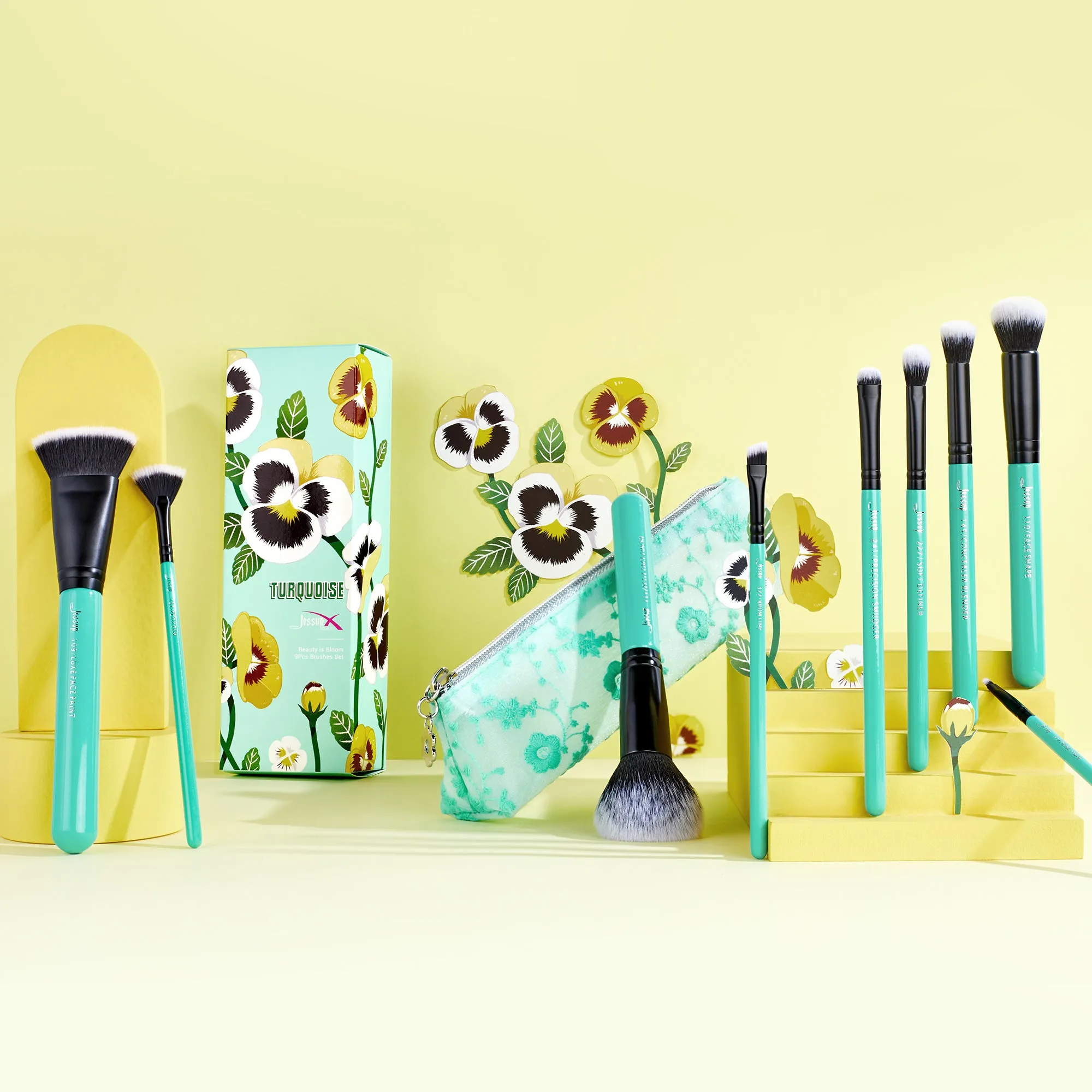 Turquoise 9PCS Essential Makeup Brush Kit with Storage Bag T321