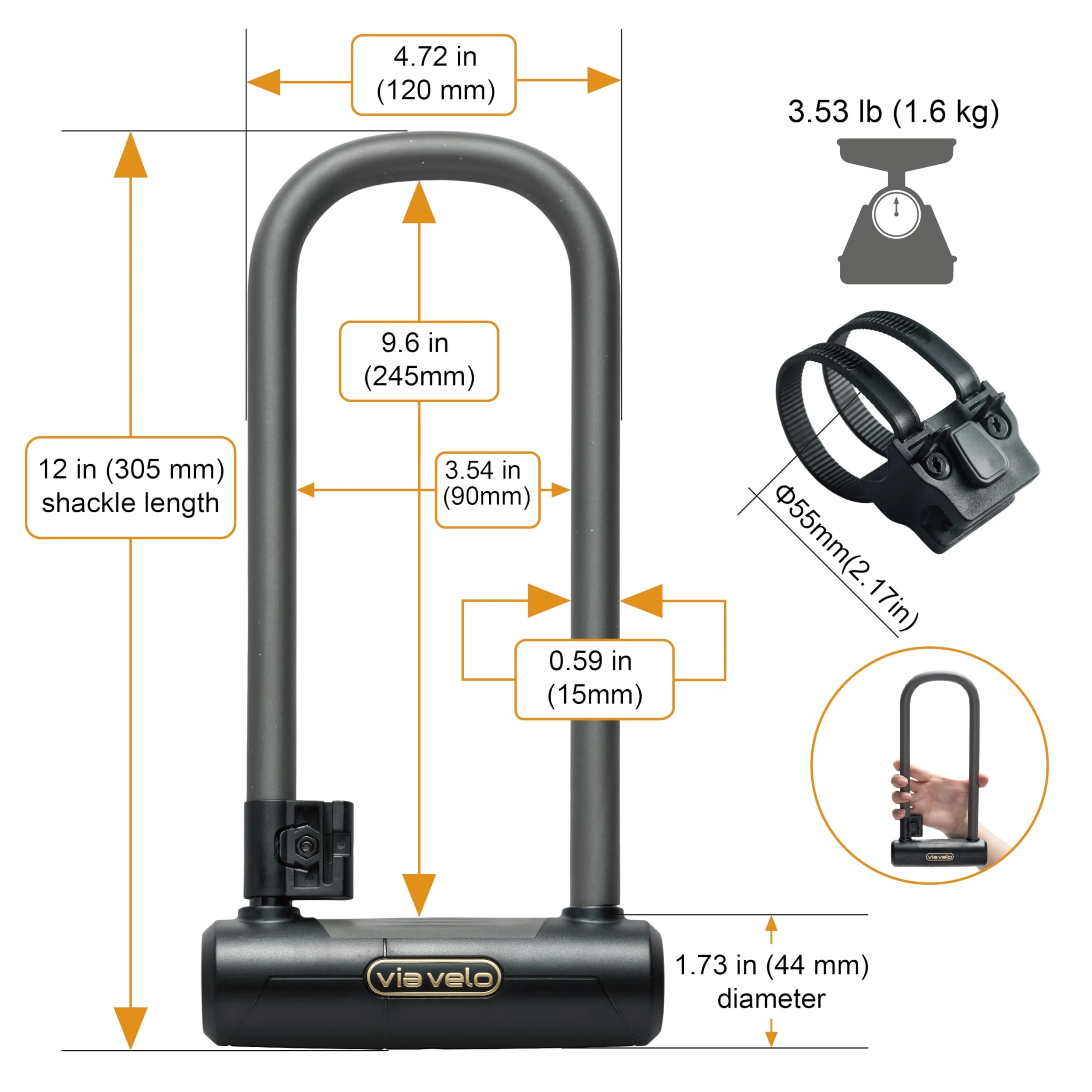 Via Velo U Lock 20CrMnTi Steel AntiTheft 16mm Shackle with Bracket and Sold Secure Gold and Bike Chain Lock, 7mm 4 Side Squre Shape Chain, 2.96ft Length, Same Key System, 6 Keyed Alike Keys