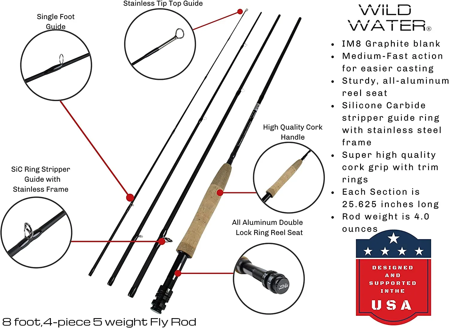 Wild Water Standard Fly Fishing Combo, 5 wt 8 ft 4 piece Rod